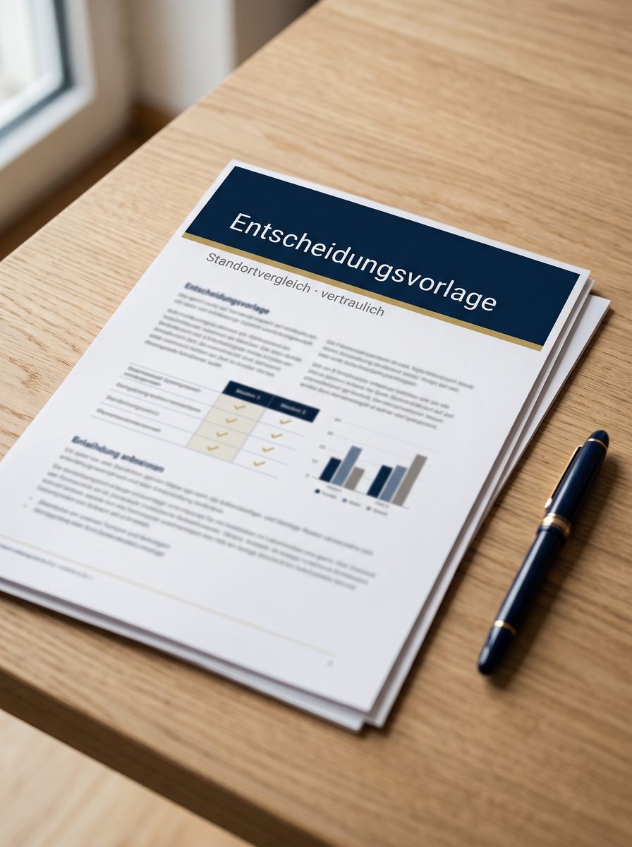 Entscheidungsvorlage von Standortkompass - gedrucktes Dokument auf einem Schreibtisch